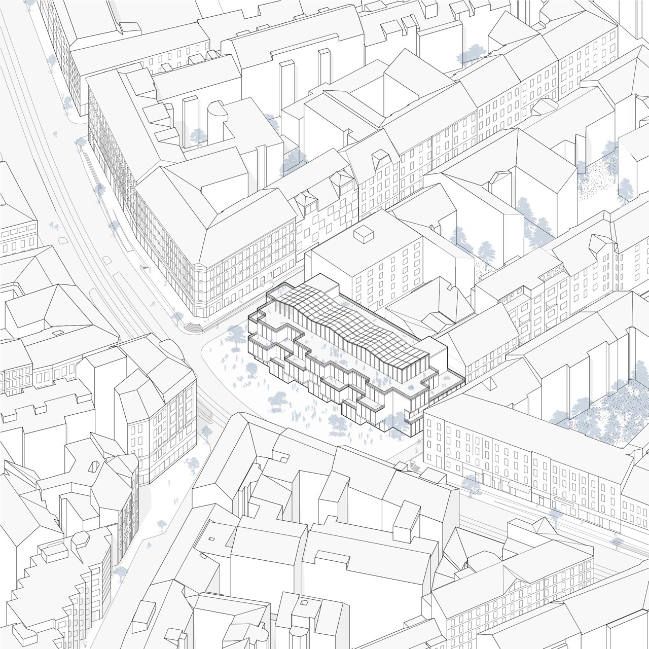 Axonometric of the block in its urban context